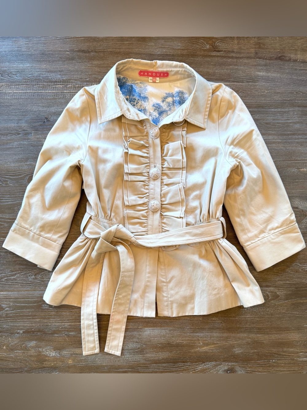 Y2K Manoush Anthropologie Ruffle Belted Beige Peplum Jacket with Toile Lining XS